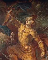 Sigurd matando al dragón Fafnir con la espada Gram, detalle, de la Saga de Sigurd, salón inferior, hacia 1882-83 (mural)