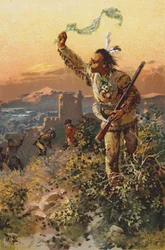 Escena de El último mohicano, de James Fenimore Cooper (litografia en color)