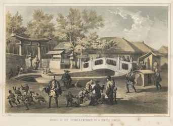 Puente de piedra cortada y entrada a un templo, Simoda, 1855