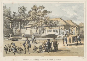 Puente de piedra cortada y entrada a un templo, Simoda, 1855