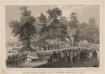 Com. Perry despidiéndose de los comisionados imperiales en Simoda, 1855