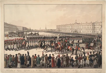 Revisión de la infantería rusa en la Plaza del Palacio en San Petersburgo, 1809-1813