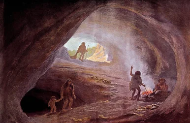 Prehistoria: cavernas durante el período glacial. De una pintura de W. Kranz, siglo XX