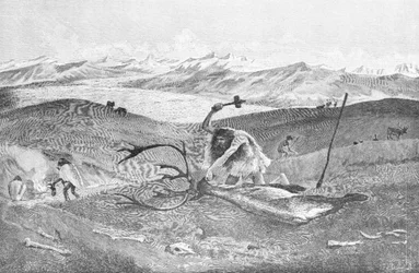 Prehistoria: caza de renos en un paisaje morrénico de Suabia superior al último período glacial; pintado por W. Kranz a partir de un boceto del profesor Klaatsh