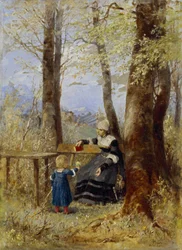 Madre con hijo en un paisaje primaveral