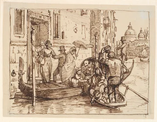 Desembarcando de una góndola en el Canal Grande en Venecia. Al fondo Santa Maria delle Salute
