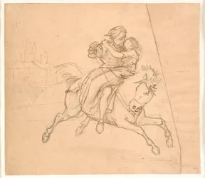 El rapto. Pareja a caballo, castillo o fortaleza en el fondo
