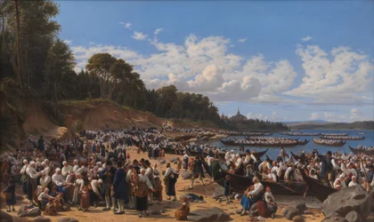 Feligreses llegando en bote a la iglesia parroquial de Leksand en el lago Siljan, Suecia