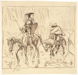 Don Quijote y Sancho Panza cabalgando bajo la lluvia