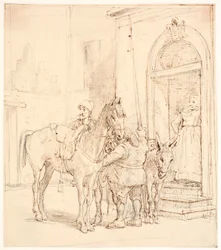 Don Quijote y Sancho Panza fuera de la posada