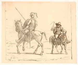 Don Quijote cabalga hacia la izquierda, Sancho Panza hacia la derecha