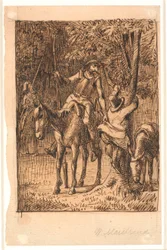 Antes de la lucha con el caballero del espejo, Don Quijote ayuda a Sancho Panza a subir a un árbol