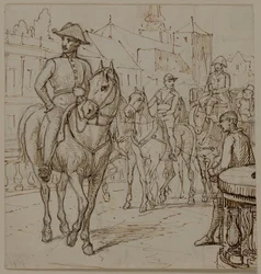 Carruaje de cuatro caballos con un señor corpulento con sombrero
