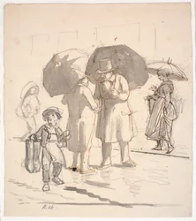 Escena de calle bajo la lluvia