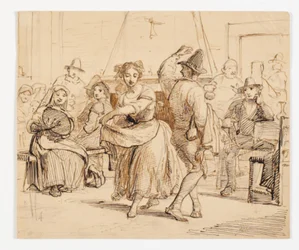 Interior de una taberna con una pareja bailando