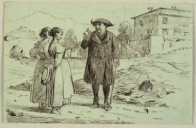 Escena italiana con dos mujeres y un padre