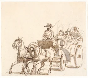 Landauer. Cochero con sombrero triangular, nobleza y sirviente