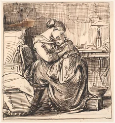 Madre con niño dormido en el regazo en el dormitorio
