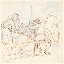 Escena de ópera, en primer plano una pareja sentada se besa