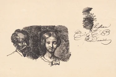 Hoja de estudio con dos cabezas y una muestra de escritura