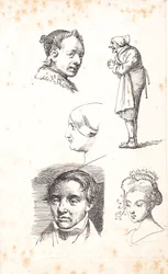 Hoja de estudio con dos cabezas de hombre, dos cabezas de mujer y un hombre de pie