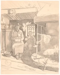 Cabaña campesina sueca con anciana y niño
