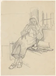 Chica sueca con costura, sentada en el banco de la ventana