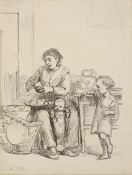 Dos niños y una mujer pelan patatas