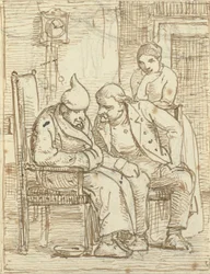 Dos hombres conversando, el anciano a la izquierda con gorro de dormir. Además una mujer