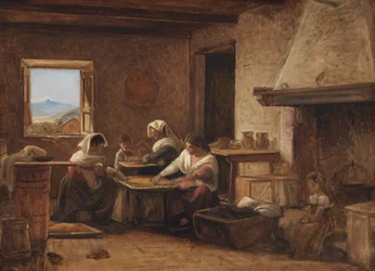 Mujeres trabajando en la cocina de una granja cerca de Olevano, Italia