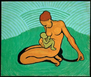 Madre e hijo sobre fondo verde