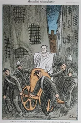 Mussolini Triumphator", caricatura de la revista "Simplicissimus", publicada en Munich en noviembre de 1925 (litografía en color).