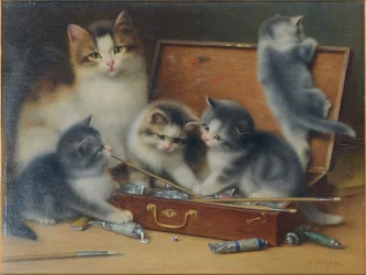 Una gata y sus gatitos jugando en una caja de pinturas