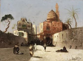 Alemán: Escena callejera oriental con mezquita, minarete y comerciantes en la explanada.