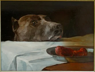 Dogo con plato de salchichas
