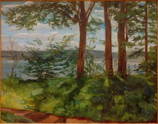Paisaje en el lago Starnberg con tres árboles
