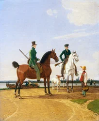 Cazador y señor en el río Isar con vista de Múnich, 1823