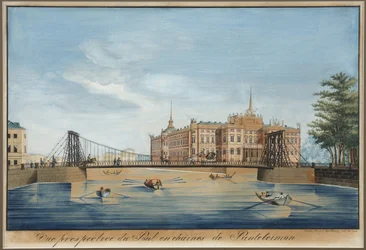 Vista del puente de las cadenas Panteleimonovsky y del castillo Mikhailovsky (chateau saint Michel o chateau des ingenieurs) al otro lado del Fontanka en San Petersburgo - Wilhelm von Traitteur (1788-1859). Pluma, pincel, acuarela, tinta y color blanco sob