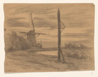 Paisaje con poste y molino de viento
