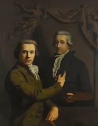 Autorretrato, señalando un retrato del difunto colega del artista Dirk Jacobsz Ploegsma (1769-91)