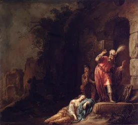"El levita de Efraín" El levita descubre el cuerpo sin vida de su amada violado por los bandidos (Muerte de la concubina del levita) Pintura de Willem Bartsius (Bartius)(1612-1657)