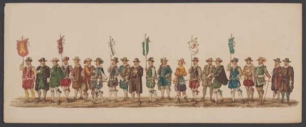 Desfile de Delft de 1862, quinto grupo Cuarto Lustrum de la Real Academia de Delft - Ao. 1862 - Optogt disfrazado (título de serie en objeto)