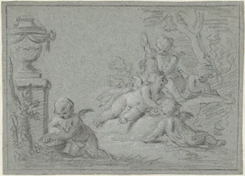 Putti en un paisaje con un florero
