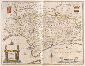 Andalucía y la ciudad de Sevilla, Estrecho de Gibraltar, en "Theatrum Orbis Terrarum, sive Atlas Novus" de Willem Blaeu, Amsterdam