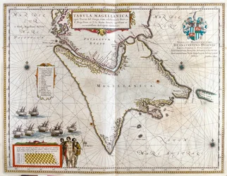Argentina, Chile, Estrecho de Magallanes, Tierra de Fuego, en "Theatrum Orbis Terrarum, sive Atlas Novus" de Willem Blaeu, Amsterdam.