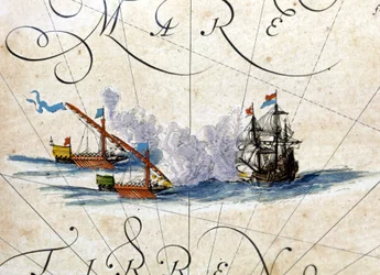Batalla entre dos galeras y una carraca. Atlas de Willem Janszoon Blaeu (1571 - 1638)