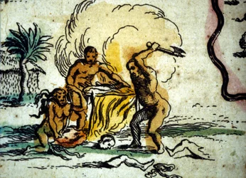 Brasil. Caníbales representando a un hombre con un hacha. (detalle)
