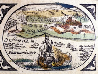 Brasil, vista de Pernambuc (Recife), Atlas de W. G. Blaeu, Ámsterdam 1600