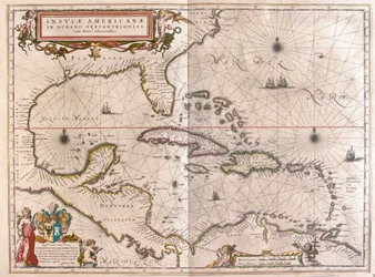 Caribe, Hounduras y Florida, en "Theatrum Orbis Terrarum, sive Atlas Novus" de Willem Blaeu, Amsterdam.