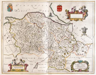 Denbigh y Flintshie, en "Theatrum Orbis Terrarum, sive Atlas Novus" de Willem Blaeu, Amsterdam.